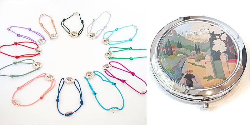 colliers, bracelets artisanaux et miroir de poche nîmes rétro